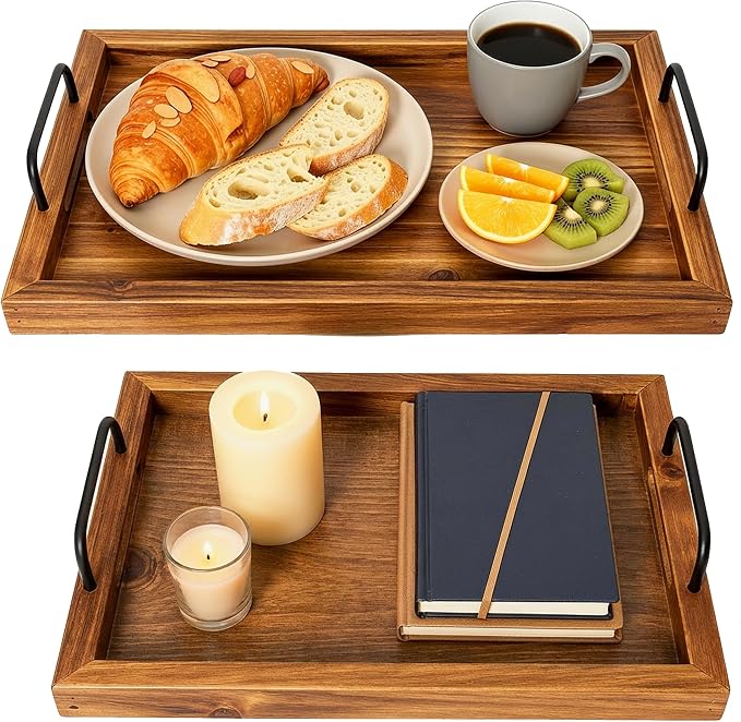 Besti Rustic Vintage Food Serving Trays (Set of 2) | Nesting Wooden Board with Metal Handles | Stylish Farmhouse Decor Serving Platters | Large: 15 x2 x11” - Small: 13 x2 x9” (Rustic Light Brown)