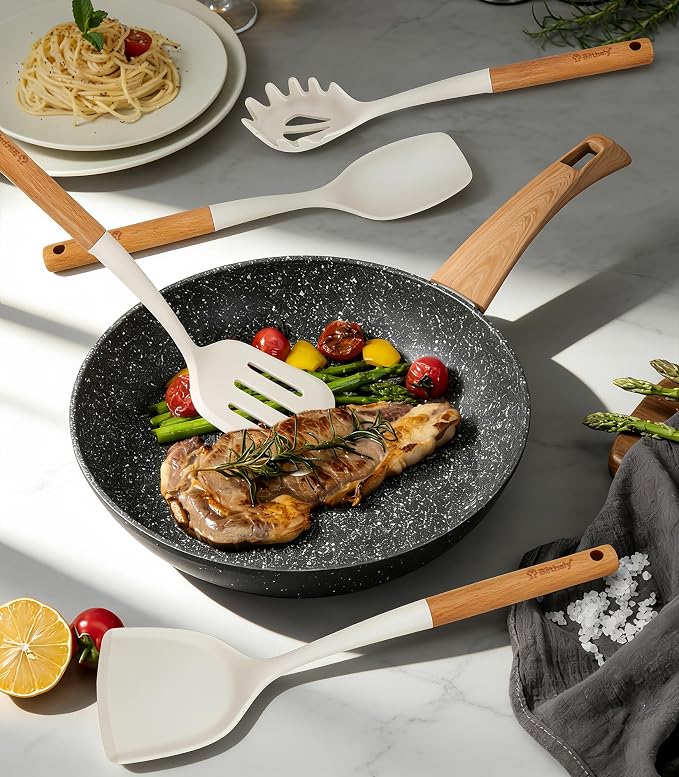 Large Silicone Cooking Utensils Set, 10Pcs Nonstick Kitchen Utensil Set with Wooden Handle, Heat Resistant Silicone Utensils for Cooking, BPA Free Spatula Set with Turners Spoon Ladle Skimmer(White)