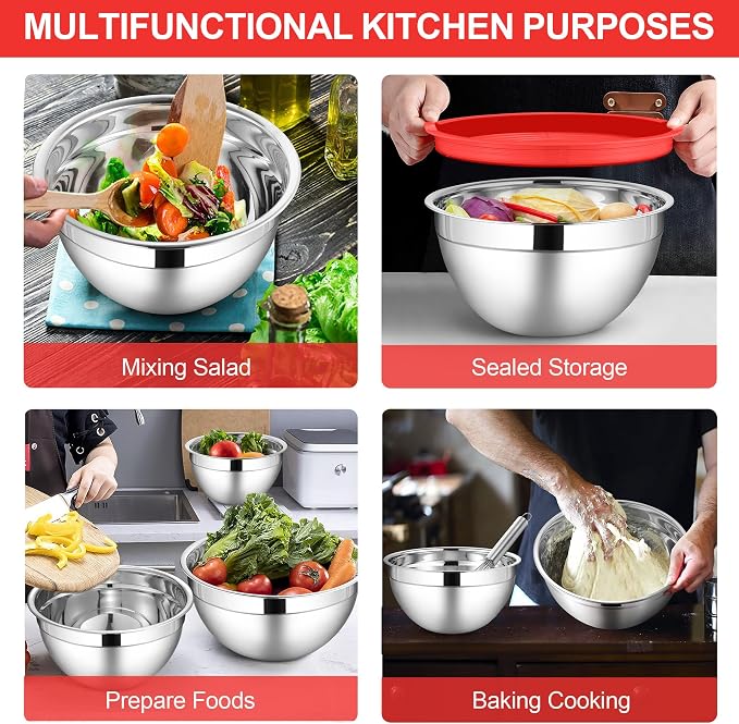 LIANYU Mixing Bowls with Lids Sets of 6, Large 7, 3.5, 2.5, 2, 1.5, 1QT | Stainless Steel Metal Nesting Salad Bowl, Ideal for Kitchen Prepping, Cooking, Freezer Storage, Dishwasher Safe, Red