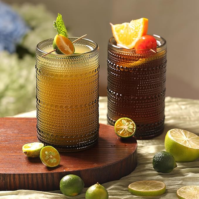 Moretoes 12 Pack 12 Oz Gray Hobnail Drinking Glasses Set,Water Glass Cups | Highball Glasses Embossed Boho Kitchen Bar Tumbler Glassware Set for Whiskey, Beer, Juice, Milk and Various Mixed Drinks