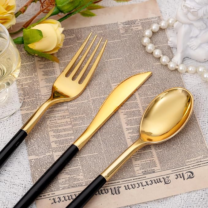 SUT Gold Plastic Silverware (160Pcs) Forks and Spoons Disposable, 80 Plastic Forks, 40 Knives, 40 Spoons, Black and Gold Utensils Set Disposable for Parties, Weddings