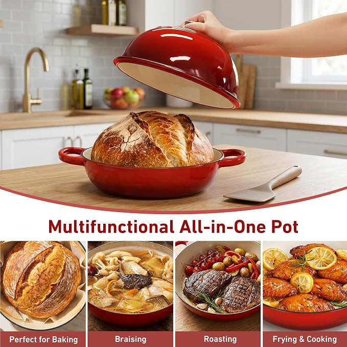 Cast Iron Dutch Oven with Lid, 6 Quart Enameled Bread Oven for Sourdough Baking, Round Heavy Duty Cast Iron Pot with Dome Lid, Red