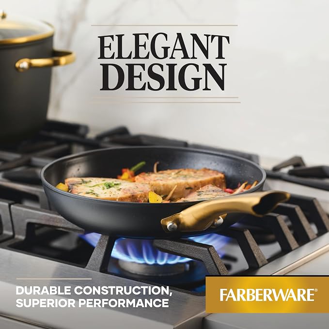 Farberware Forged Induction Ceramic Cookware Nonstick Frying Pan/Skillet, Dishwasher Safe, Suitable for All Stovetops, 10 Inch Fry Pan - Black and Gold