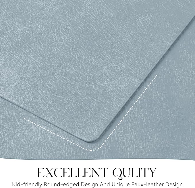 MOSAYT Vinyl Placemats Set of 6-12 X 17 Inch - Faux Leather 100% Waterproof Oil-Proof Wipeable PU Place Mats, Heat Resistant Reversible Table Mats for Kitchen, Dining, Outdoor, Light Grayish Blue
