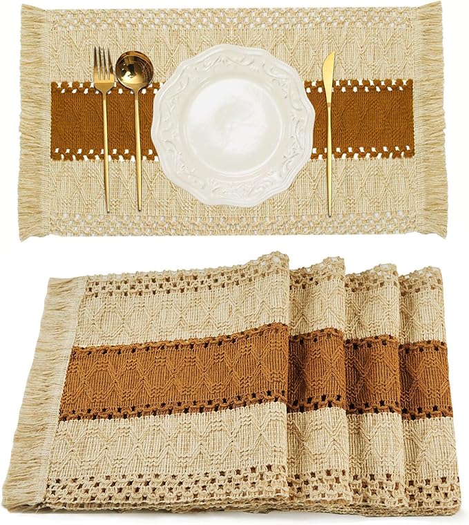 Boho Placemats Set of 4 Table Mats Farmhouse Dining Decor Caramel | 12x20" Place Mat Set of 4 Macrame Table Decor Farmhouse Burlap Placemats for Home Dining Table Centerpiece Home Decorations