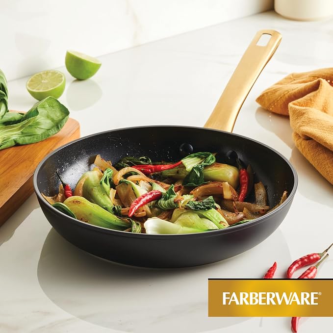 Farberware Forged Induction Ceramic Cookware Nonstick Frying Pan/Skillet, Dishwasher Safe, Suitable for All Stovetops, 10 Inch Fry Pan - Black and Gold