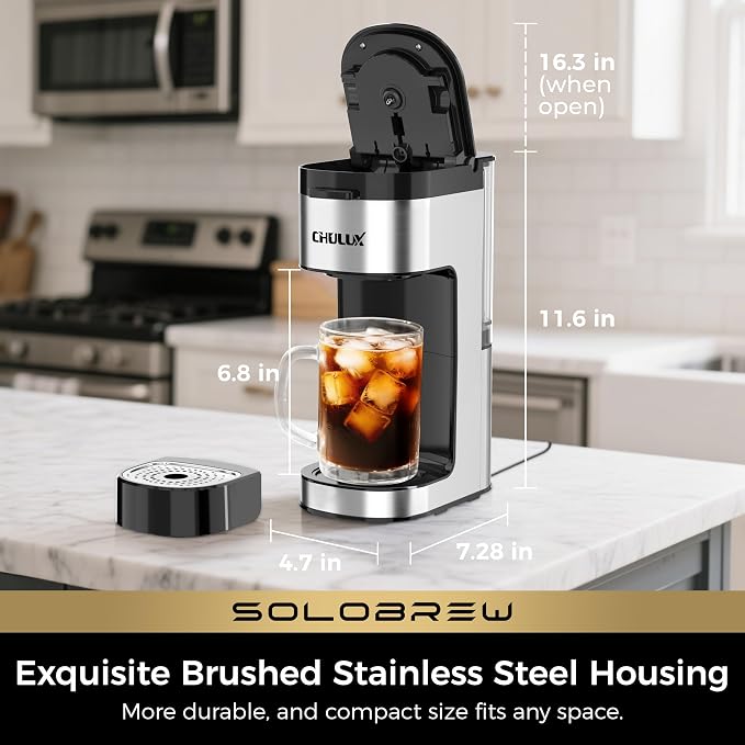 CHULUX SoloBrew Single Serve Coffee Maker for K Cup Pod with Ground Filter | 3 Brew Sizes with Strong & Over Ice Buttons, 14 oz Removable Water Tank, 1000 Watts Instant Heating, Stainless Steel Housing
