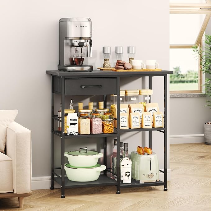 SWTYMIKI Bakers Rack with Storage - Coffee Bar Cabinet Organizer, Coffee Station for Kitchen Dining Room, Microwave Stand with Adjustable Feet, Black