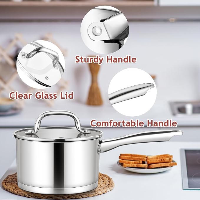 E-far Stainless Steel Saucepan with Lid, 3 Quart Sauce Pan Induction Pot for Cooking, Boiling, Compatible with All Stoves, Healthy & Non Toxic, Oven & Dishwasher Safe