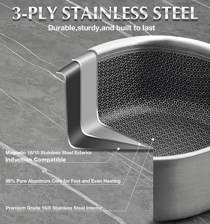 KOCH SYSTEME CS Hybrid Nonstick Stainless Steel Saucepan Set with Steamer Insert, 7PCS Triply Stainless Steel Pot Set 1Qt, 2Qt & 3Qt, 18/10 Steel Sauce Pan Set with Lids, Induction & Oven Safe