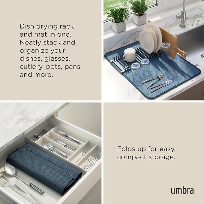 Umbra Udry Dish Rack and Microfiber Drying Mat – Space-Saving Design Folds Up for Easy Storage, Basic Rack, Slate Blue | Protects countertop, BPA-free, recycled plastic construction