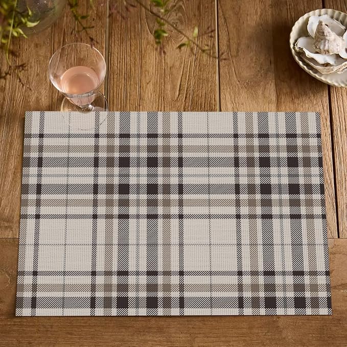 Artoid Mode Stripe Plaid Vinyl Placemats Set of 4, 12x18 Inch Thanksgiving Washable Non-Slip Heat Resistant Plastic Place Mats for Party Dining Table, Brown