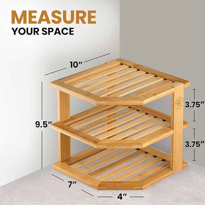 Bamboo Plate Organizer for Cabinet, 3 Tier Corner Shelf Riser, 2 Pack | Holds heavy stacked dishes mugs bowls, non slip feet, tool included easy assembly, kitchen pantry bathroom counter storage
