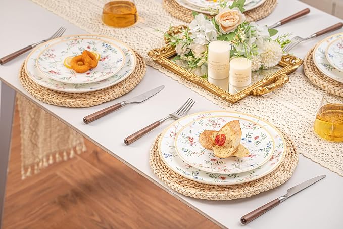 FHGNYSM Bone China Plates and Bowels,12-Pieces Dinnerware Sets, Highly Chip and Crack Resistant, Dishwasher & Microwave Safe Dishes Set, Dense and Translucence