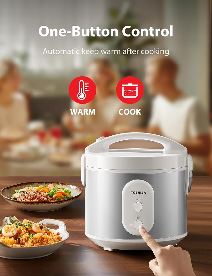 TOSHIBA Rice Cooker & Steamer Simple 5.5 Cup(Uncooked) with Steaming Basket, Removable Non-Stick Inner Pot & Inner Lid, for Soups, Stews, Grains&Oatmeal, One Touch&Keep Warm Function, Silvery White
