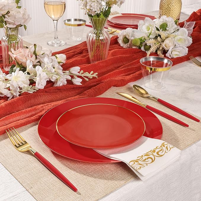 350 PCS Red Plastic Dinnerware Set, Red and Gold Rim Disposable Plates for 50 Guests, Include 100 Plates with 150 Plastic Cutlery, 50 Napkins and 50 Cups