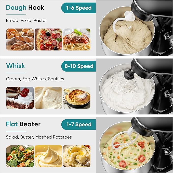 OLIXIS 6.3 Qt Stand Mixer, 10-Speed Tilt-Head Electric Mixer for Baking | Include dough hook, whisk, flat beater & splash lid. 10 speeds handle cakes, cookies & bread dough. Compact, easy-clean bowl