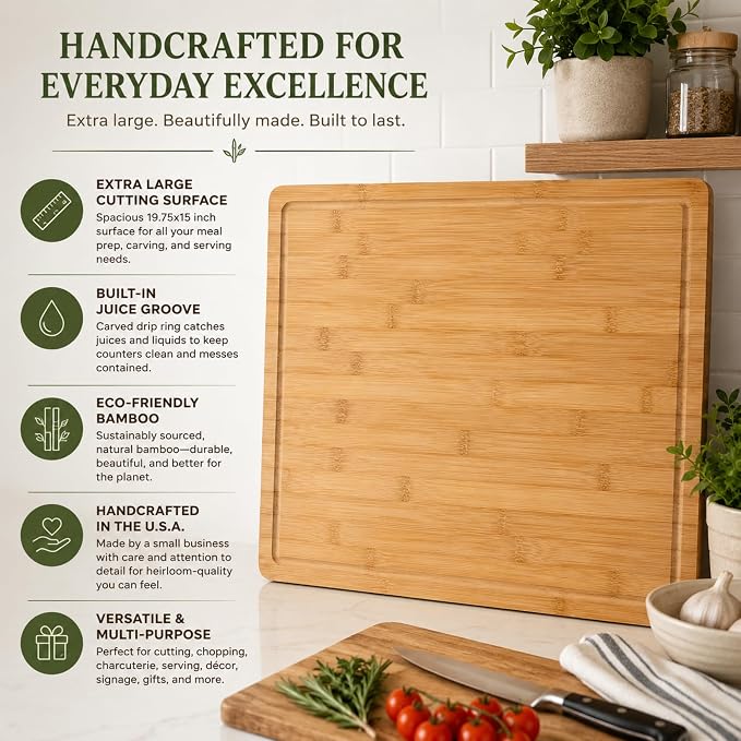 Handcrafted 19.75x15 inch Bamboo Cutting Board – Genuine U.S.A. Made, Multiple Sizes – Premium Bamboo Wood, Perfect for Kitchen Prep or Personalized Engraved Gifts (XX-Large)