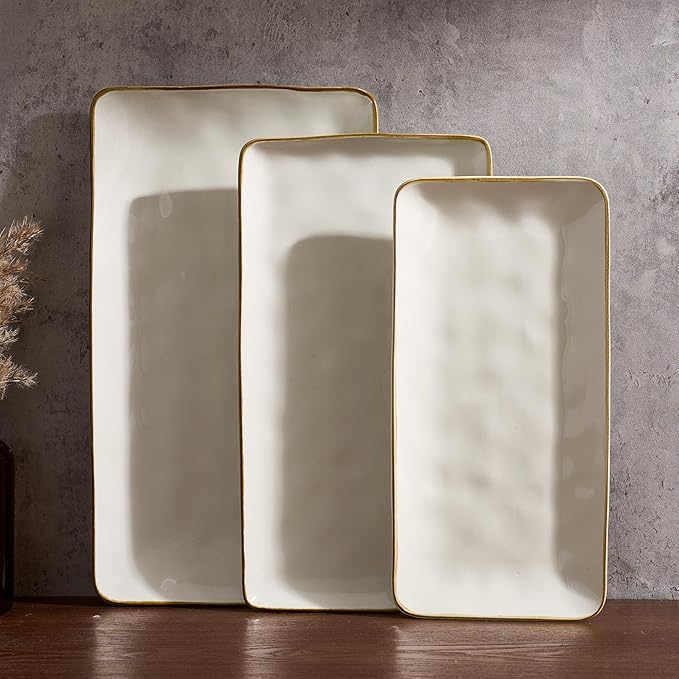 Famiware Serving Platters Set of 3 Sizes - Rectangular, Vanilla White | 15.67"/14.1"/12.6" Fine Stoneware Serving Trays for Party, Entertaining for Food, Turkey, Cheese, Microwave Dishwasher Safe