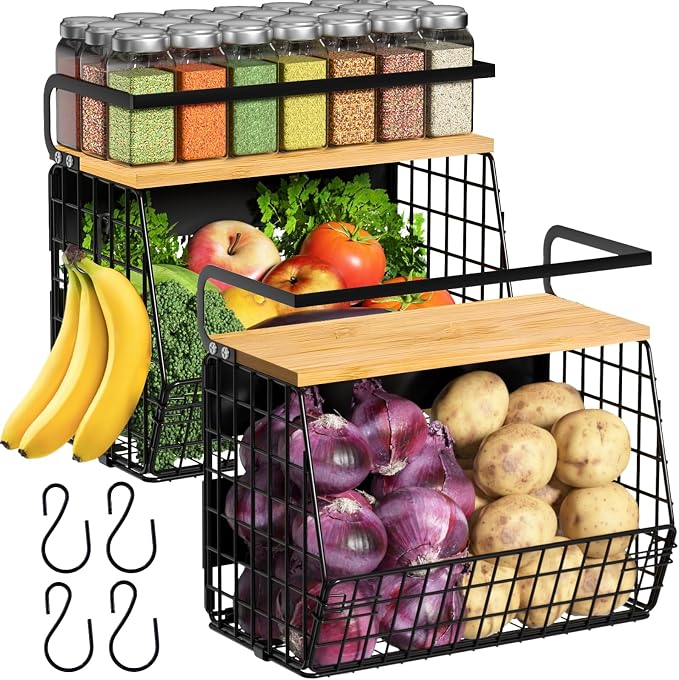 2 Set Magnetic Shelf for Refrigerator with Wood Lid, Fruit Potato & Onion Storage Bins, Pantry Organizers & Storage, Large Container Magnetic Spice Rack for Refrigerator, Kitchen Counter, Cabinet | Strong magnet holds 50lbs, ventilated bin for produce,...