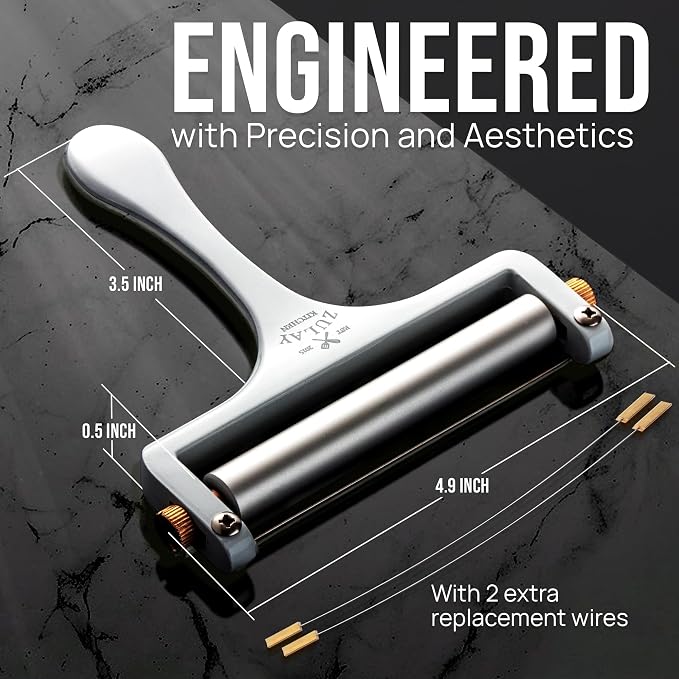 Zulay Kitchen Stainless Steel Wire Cheese Slicer - Adjustable Hand Held Cheese Cutter with 2 Extra Wires - Premium Cheese Shaver For Mozzarella, Cheddar, Gruyere - Cheese Cutter with Wire (White)