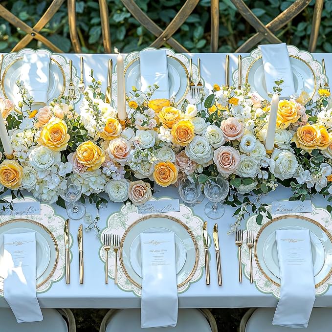 60 Pcs Sage Green Floral Paper Placemat, Disposable Scalloped Table Mat | 13.5 Inch Wedding Placemats,Vintage Floral Banquet Place Mats for Table Setting Wedding Bridal Tea Party Wildflower Party