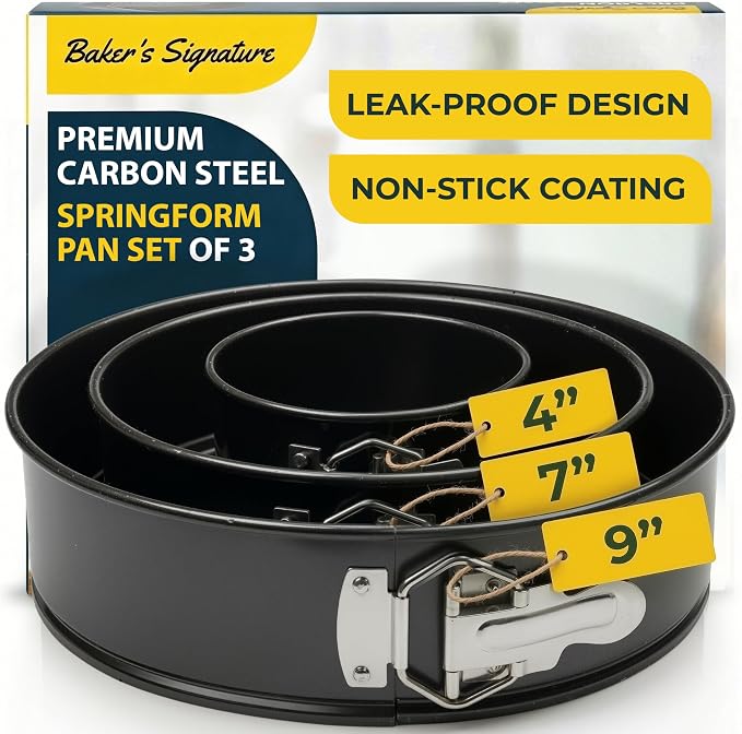Springform Pan Set of 3, Nonstick Cheesecake Pans 4/7/9" Carbon Steel | Leakproof cake molds with removable bottom & secure latch; even-heat, oven-safe to 450°F