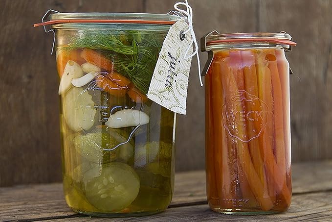WECK Canning Jars 743-25.3 fl. oz Mold Jars - Eco-Friendly Canning Jar - Storage for Food, Yogurt with Air Tight Seal and Lid - 3/4 Liter Tall Jars Set - Set of (2 Jars with Wooden Lids)