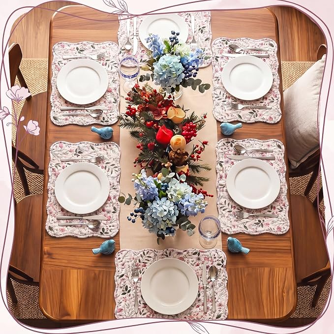 Quilted Placemats Set of 6, 18" x 13" Large Scalloped Cotton Placemat Washable Cloth Flowers Table Mats for Summer Party Kitchen Dining Farmhouse Cottagecore Decor(Flowers)