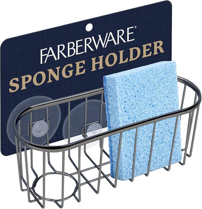 Farberware Metal Sponge Holder for Kitchen Sink, 7.13"x2.88"x3" | Triple suction cups grip steel, glass, or tile, open frame helps dry sponges faster, holds soap and brushes too