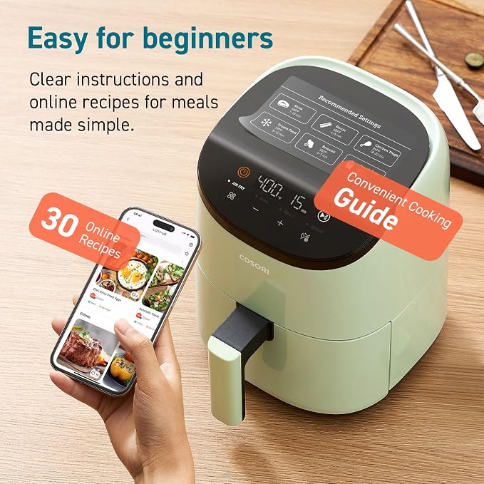 Cosori Lite 2.1 Qt Small Air Fryer, Ceramic Coating, 4-in-1, 97% less oil | Ideal for dorms, apartment, RVs, Quiet, Touch control, Air Fry, Bake, Roast, Reheat, Dishwasher-Safe Basket, Max 400℉
