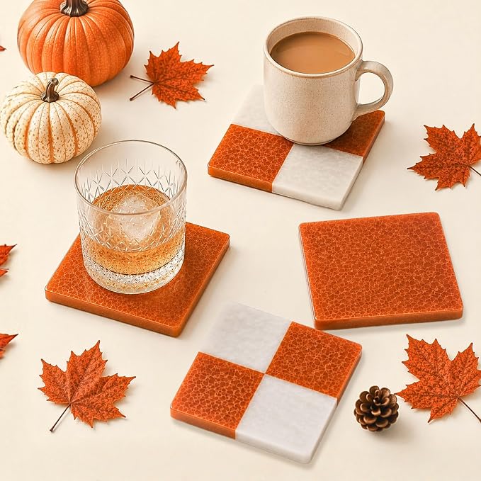 Folkulture Cute Fall Coasters, Set of 4, Non Slip, Easy to Clean - 4 Inch | Waterproof Drink Coaster for Fall Decorations, Boho, Coaster for Farmhouse, Checkered Rust, Coffee Table