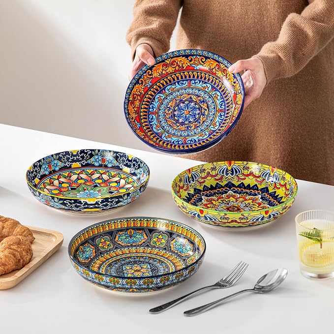 vancasso Pasta Bowls Set of 4, 42oz Ceramic Salad Serving Bowls, Bohemian | 8.7in Colorful Bohemian Bowl Plates for Soup, Shallow Bowls for Kitchen, Microwave & Dishwasher Safe, Stackable, Large