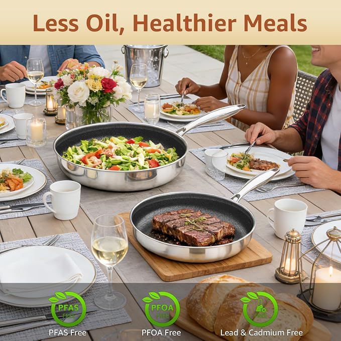 LOLYKITCH 12 Inch Hybrid Nonstick Frying Pan with Glass Lid | PFOA Free | Stainless Steel Skillet | Non-Toxic | Stay-Cool Detachable Handle | Dishwasher and Oven Safe | Induction Ready