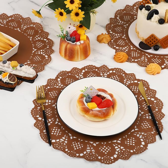 MCEAST 100 Pack Round Coffee Paper Doilies 13.5 Inches Lace Paper Place Mats Rustic Scallop Doily Disposable Table Pads for Food Cakes Crafts Party Weddings Tableware Decor