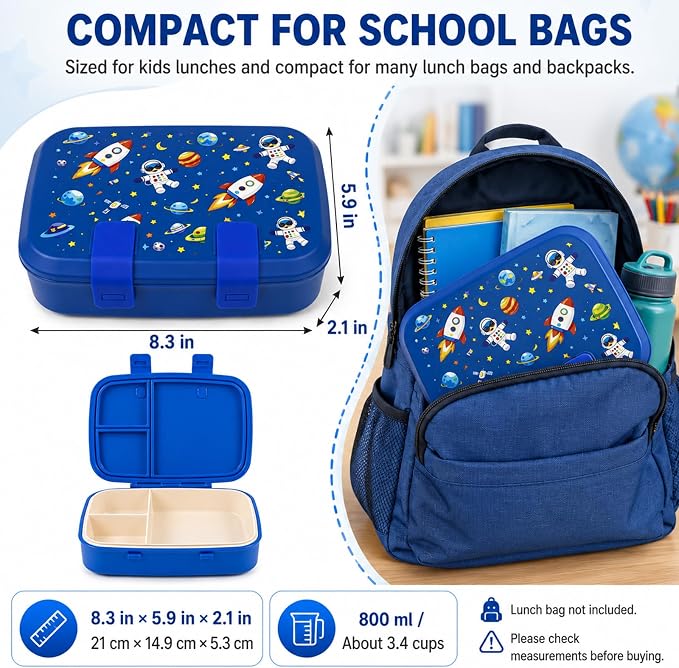 MISS BIG Kids Bento Lunch Box, Blue Astronaut, Microwave Safe, 800ml | Boys school lunch box with 3 sections for daycare, preschool, kindergarten, sandwiches, fruit, yogurt, dips, and snacks