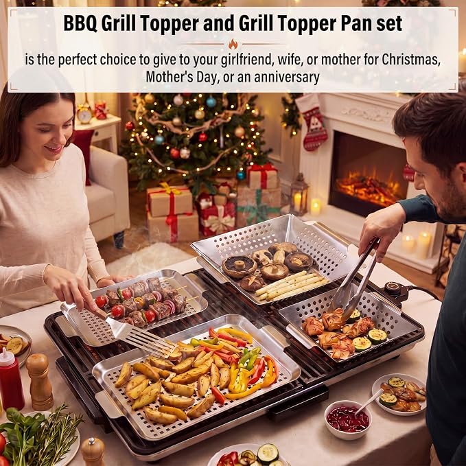 4 Pack Grilling Accessories Outdoor Grill Topper Vegetables Grill Baskets for BBQ, Grilling Pans Trays Griller Baskets with Holes and Handles, Carbon Steel