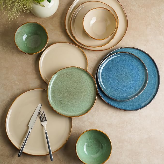 Stoneware Dinnerware Sets for 6, Reactive Glaze Plates and Bowls, Blue | 18-Piece Handcrafted Rustic Porcelain Dishes Set, Highly Scratch Resistant, Dishwasher & Microwave Safe