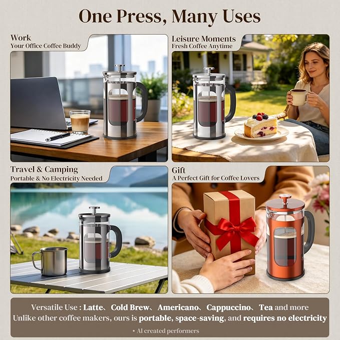 Veken French Press Coffee Maker, No Plastic Touching Cafe,34oz 1 L Cafetera | Thickened Glass Stainless Steel Cold Brew Pot for Kitchen,Travel,Camping,Tea, Gifts, Bar Accessories,Dark Pewter