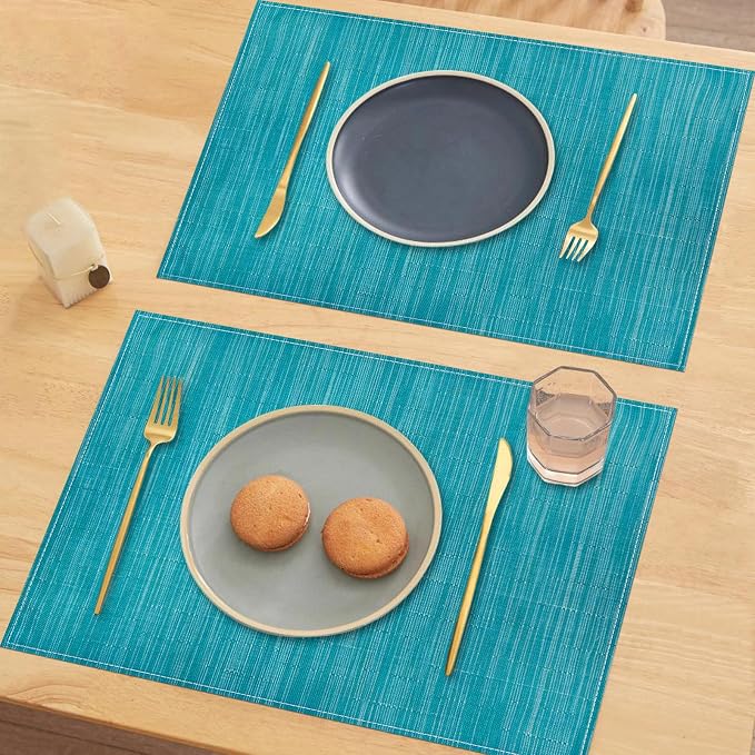 Teal Blue Placemats Set of 6, 12x18 Inch Washable Easy to Clean Heat-Resistant Anti-Skid Teal Blue Placemats for Holiday Party Kitchen Dining Room Decoration