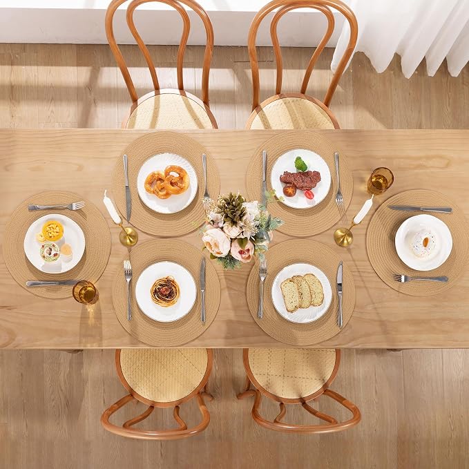 SHACOS Round Placemats Set of 8 Washable 15 inch Round Placemat Cotton Polyester Woven Braided Table Place Mats for Dining Table Decor, Camel