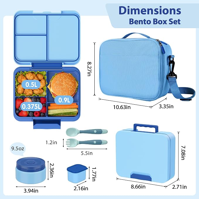 Kids Bento Lunch Box Set with 9.5oz Soup Thermo, Leak-Proof Lunch Food Containers with 3 Compartment and Removable Inner Tray, Insulated Hot Food Jar with Lunch Bag for School, Office, Blue