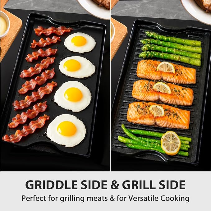 Utheer Reversible Griddle Kit, 19.5 x 10.5 Inch Ceramic Cast Iron Flat Top | Includes 5-piece scratch-safe nylon tools, double-sided cooking surface for stovetop, gas grill, BBQ and camping