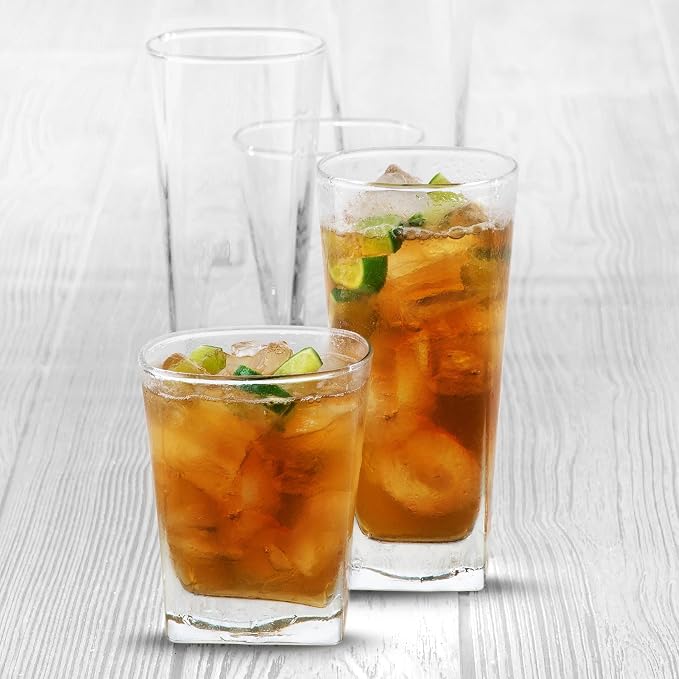Libbey City Tumbler and Rocks Glass Set, Elegant Drinkware Glasses Set, Tall Drinking Glasses with Modern Lines, Dishwasher Safe Drinking Glasses Set of 16