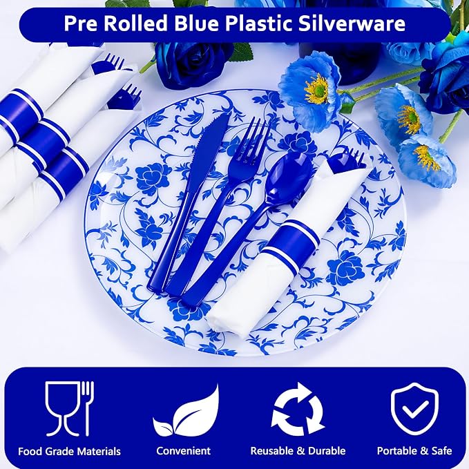 400PCS Pre Rolled Blue Plastic Silverware Set Heavy Duty for Wedding | Individually Wrapped Utensils, 100 Guests, Durable and Sturdy, BPA free, Includes Matching Napkins, for Festive Events