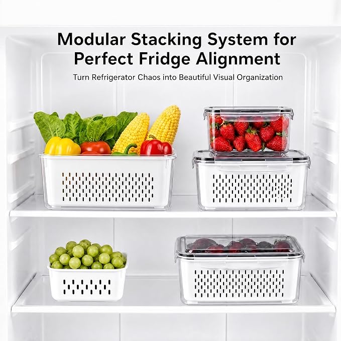 Fruit Storage Containers for Fridge with Lids, Fridge Organizers and Storage Produce Saver Box with Removable Drain Basket for Fruit Berry Salad Vegetable Meat, 380ml to 3150ml (4 Pack)