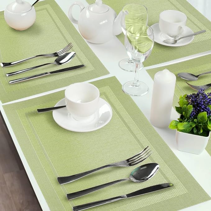 Placemats,Table Place Mats for Kitchen Dining, Heat-Resistant Anti-Skid Stain Washable PVC Table Mats, Easy to Cleaning Woven Vinyl Dinner Mats (Green, 6 Pack)