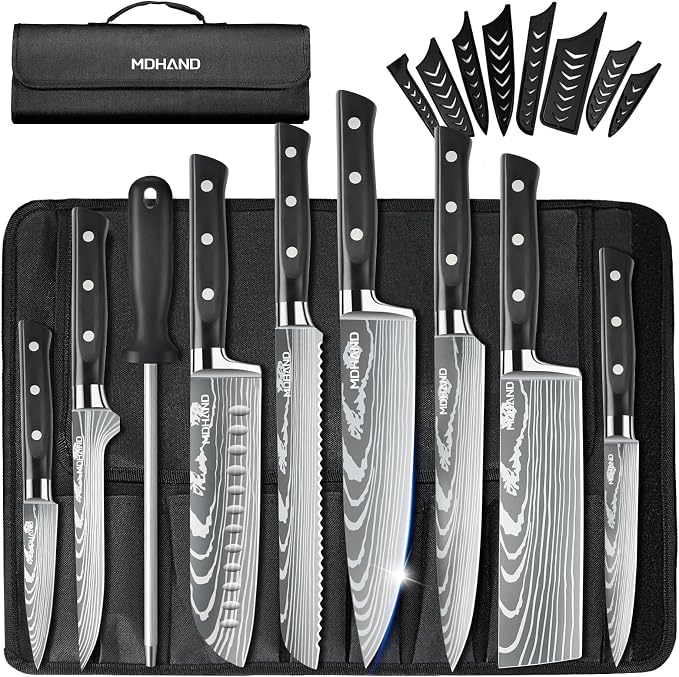 Chef Knife Set with Roll Bag, Professional Knife Set with Sharpener | High Carbon Stainless Steel 9PCS Kitchen Knife Set, Forged Triple Rivet Handle, Kitchen & Home Cooking, Dishwasher Safe Black
