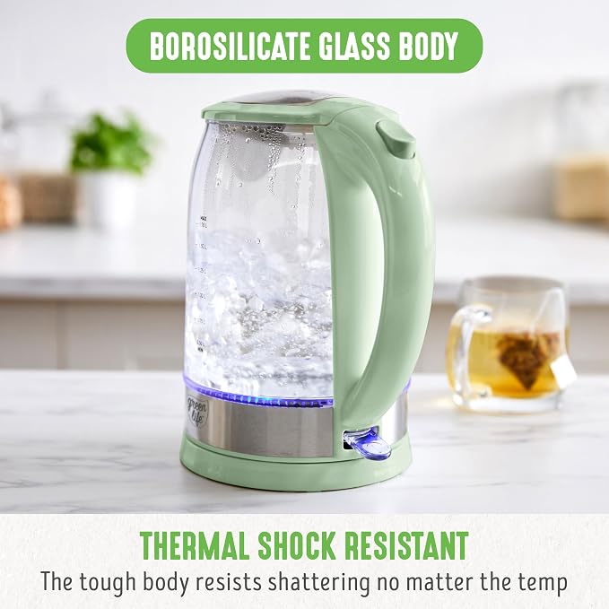GreenLife 1.7 Liter Electric Glass Kettle, Sage Green | Glass Body, Auto Shutoff, Thermal Shock Resistant, Quick Heating, Easy One Touch Use, Cordless Serving, LED Base, Coffee/ Tea