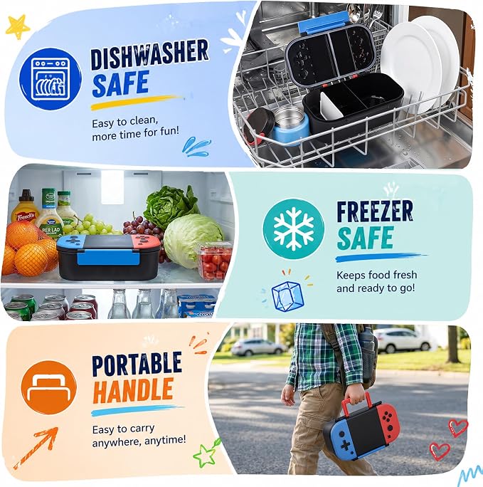 Kids Lunch Box with 9oz Thermo, Game Bento Box for Boys & Girls, 2-Compartment Meal Container with Stainless Steel Spoon & Sauce Cup, Food-Grade, Dishwasher Safe, Ideal for School & Travel (Blue/Red)